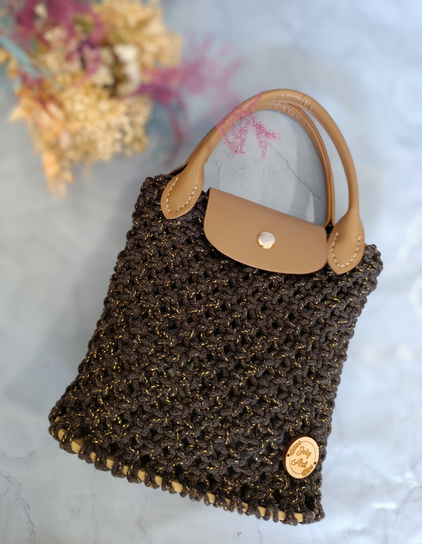 Sac à main macramé noir & or