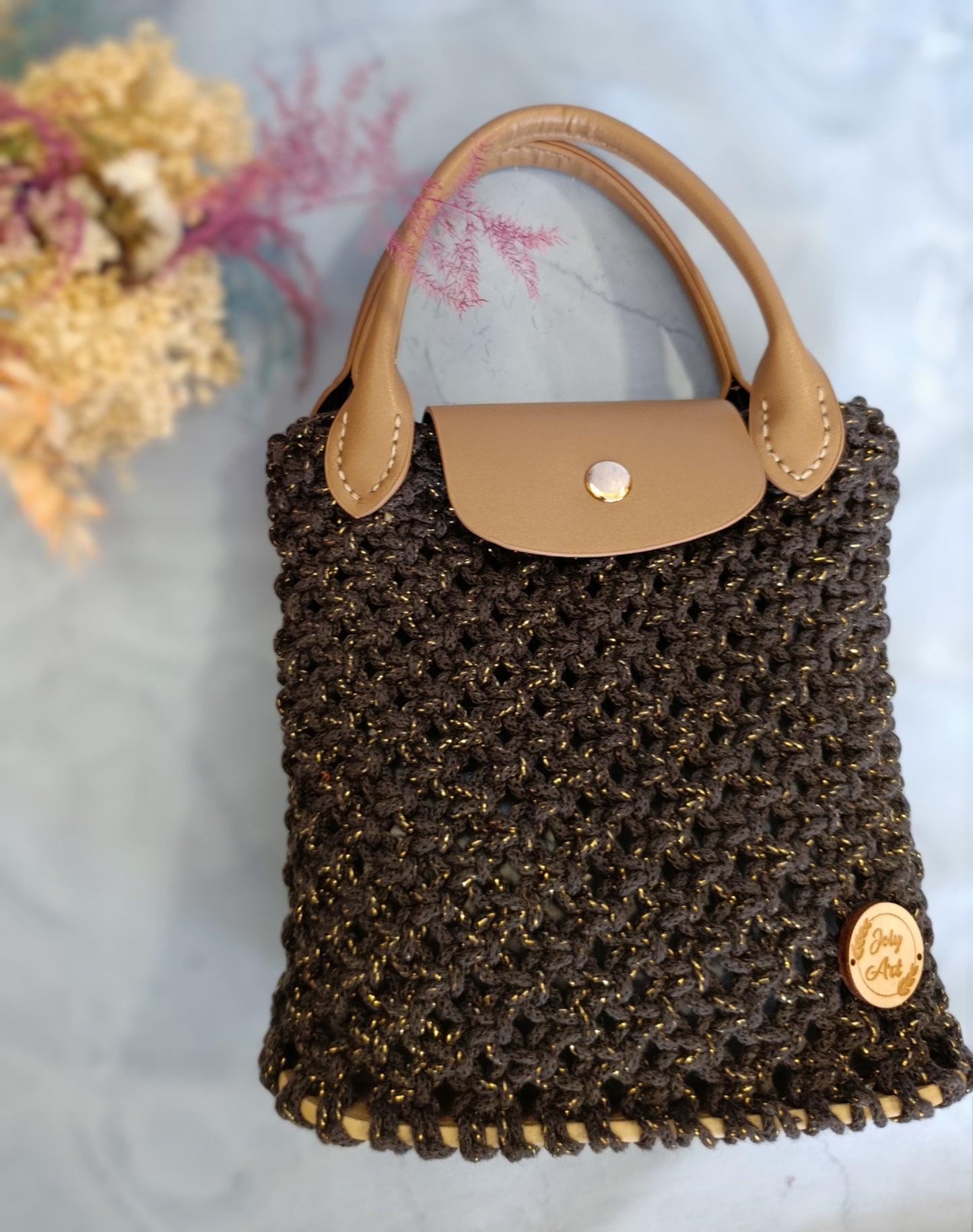 Sac à main macramé noir & or